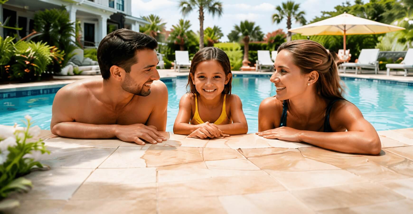 folly-pools-and-spas-family-pool-maintenance Family enjoying a clean pool in Charleston