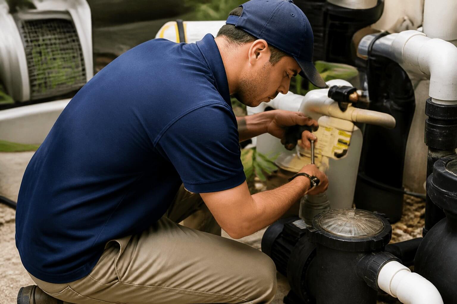 folly-pools-and-spas-pool-repair-technician Technician performing pool repair